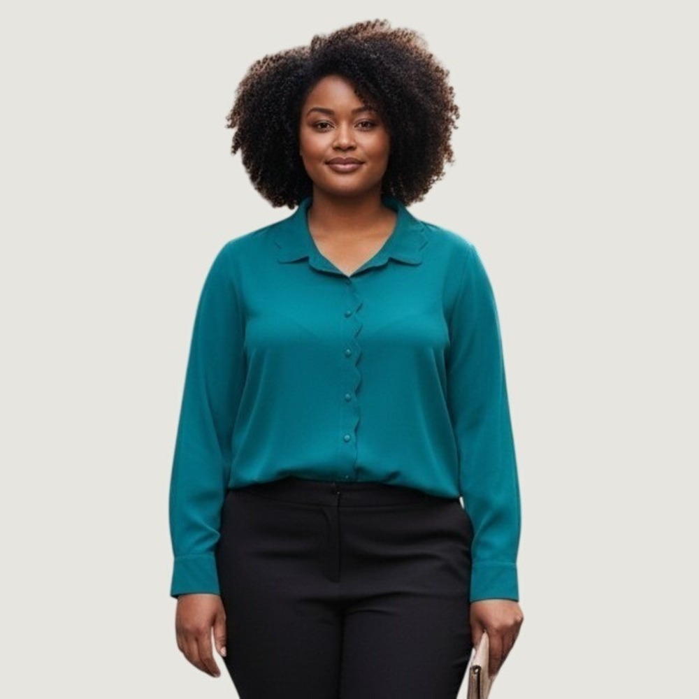 MODCLOTH Scallop Edge Blouse 2X Teal Green Long‎ Sleeves Office Career Wear
